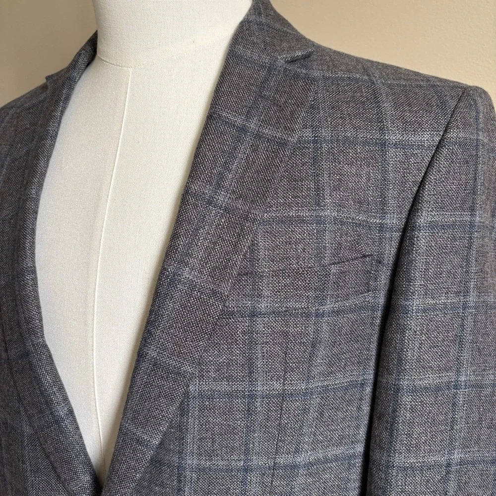Jos A Bank Brrr Comfort‎ Blazer 40R Gray Windowpane Linen Wool Slim Fit Jacket